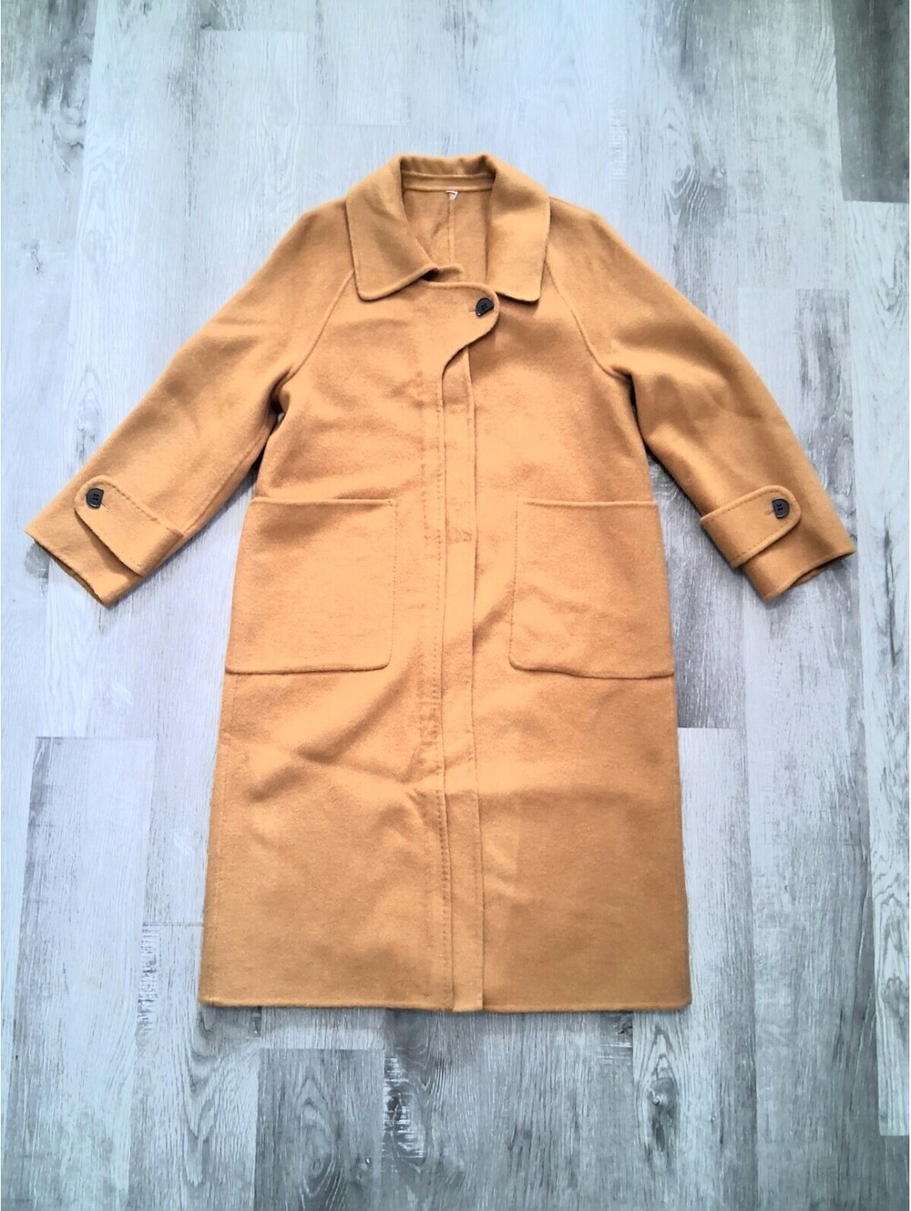Woman's Lg Mustard Yellow Wool Blend Raglan Sleeve Oversized Pockets Long Coat